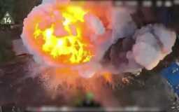 Powerful detonation of Russian armoured vehicles after Ukrainian kamikaze drone hit. VIDEO