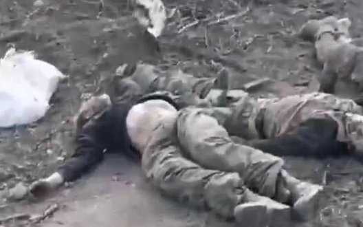 Two enemy infantrymen are walking along field road with bodies of dead Russians lying on both sides: "Our boys... Here’s another piece of man. Here is man’s leg". VIDEO
